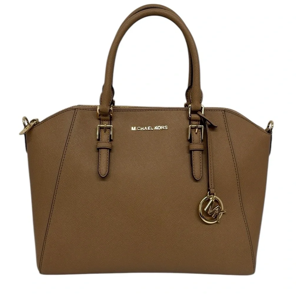 Michael Kors Camel-Beige Saffiano Leather Double Top Handles Satchel Bag Purse